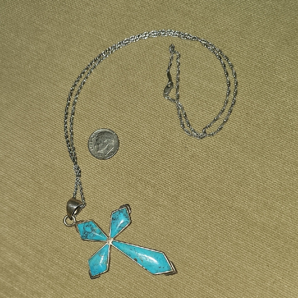 Vintage Stamped SX 925 Silver Thailand Turquoise Cross Pendant Necklace 15in